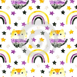 Nonbinary pride seamless pattern. LGBT pride month wallpaper, Non-binary rainbow cats and stars