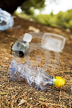 Noncompostable garbage thrown on the forest