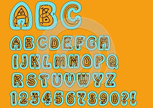 Nonconformist bizarre alphabet. Original font set with doodle elements, uppercase characters and numbers, question mark, exclamati photo