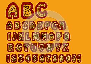 Nonconformist bizarre alphabet. Original font set with doodle elements, uppercase characters and numbers, question mark photo