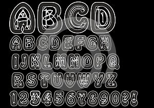 Nonconformist bizarre alphabet in white line. Original font set with doodle elements, uppercase characters and numbers, question m