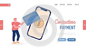 Noncontact Payment Landing Page Template. Man Buyer Character Hold Huge Credit Card Stand near Smartphone photo