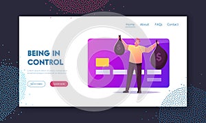 Noncontact Payment Landing Page Template. Man Buyer Character Hold Money Sacks Stand at Huge Credit Card photo