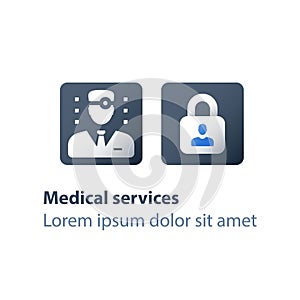 Nondisclosure personal information, medical secrecy concept, lock and doctor icons