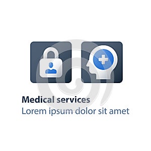 Nondisclosure personal information, medical secrecy concept, lock and head icons