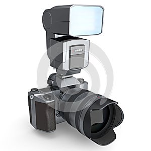 Nonexistent DSLR camera with lens and external flash speedlight on white.