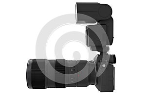 Nonexistent DSLR camera with lens and external flash speedlight on white