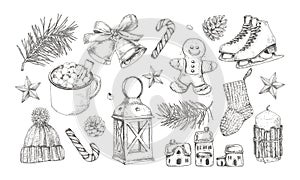 Winter elements set: gingerbread man, sugar cane candy, knitted sock, flashlight, candle, ice skates, knitted hat, bell, cup of co