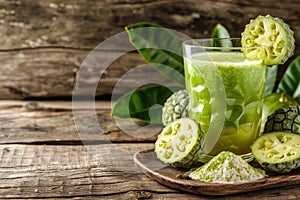 Noni Fruit Juice, Morinda Citrifolia with Noni Slice and Noni Powder on Wooden Background