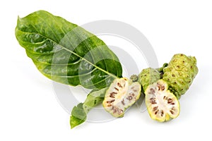 Noni fruits and green leaves isolated on white background