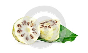Noni or Morinda Citrifolia fruits slice with leaf isolated on white background