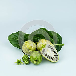 Noni or Morinda Citrifolia fruits with sliced and green leaf on white background