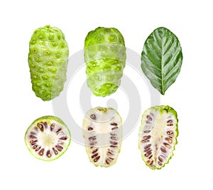 Noni or Morinda Citrifolia fruits with sliced on white background. top view