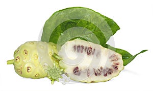 noni or Morinda Citrifolia and slice isolated on white background