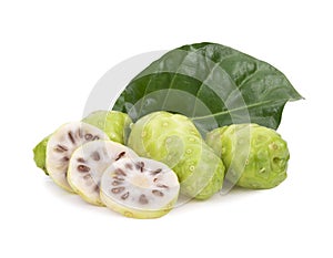 Noni or Morinda Citrifolia and slice isolated on white background