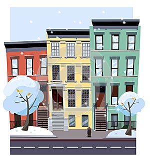 Nonlinear colorful houses look out of picture. Flat cartoon style vector winter city street. Tree houses flying
