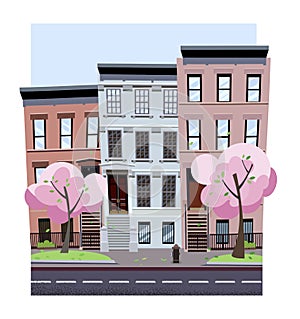 Nonlinear houses look out of the picture. Flat cartoon style vector spring city street. Tree houses on Street cityscape. Day city