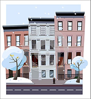 Nonlinear houses look out of the picture. Flat cartoon style vector winter city street. Tree houses flying snowflakes