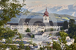 Nonnberg abbey and alpine range in Salzburg. Travel destination. Austria photo