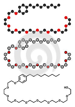 Nonoxynol-9 spermicide molecule. Stylized 2D renderings and conventional skeletal formula.
