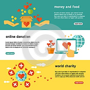 Nonprofit, charity, philanthropy, donate, giving donation, social help vector banners set
