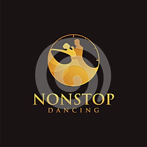 Nonstop dancing couple logo, dancing in a clock logo icon vector template