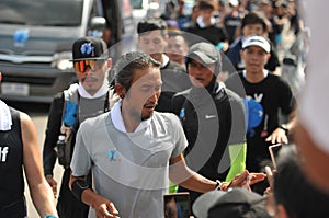Nonthaburi - DEC 6 2017 : On the way of Thai celebrity rocker `Toon Bodyslam` takes on 55-day running marathon to raise money for
