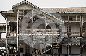 Architecture of ancient Thai style house from teak wood. Old wooden building of the historical nonthaburi city Hall