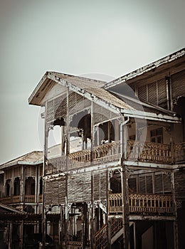 Architecture of ancient Thai style house from teak wood. Old wooden building of the historical nonthaburi city Hall