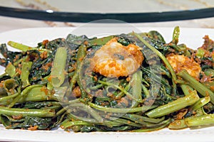 Nonya Kangkung Blachan with Prawns Closeup photo