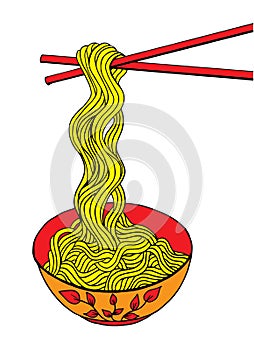 Noodle at bowl and stick doodle style illustration, hand drawing