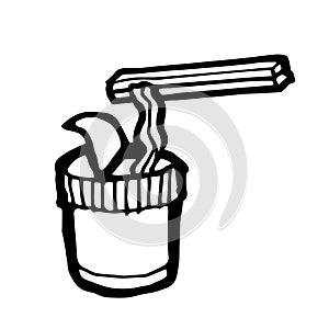 Noodle cup, Japanese instant ramen noodles with chopsticks hand drawn icon illustration