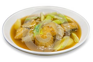 Noodle with Deep Fried Sea Bass in Gravy Sauce on white isolated