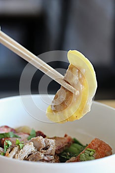 Noodle duck dumplings on table