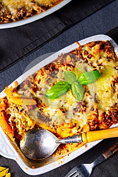 A noodle , minced meat casserole with cheese