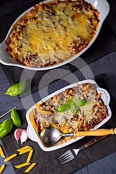 A noodle , minced meat casserole with cheese