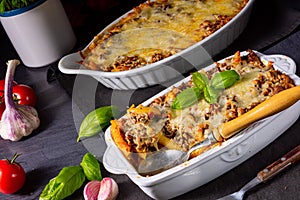 A noodle , minced meat casserole with cheese