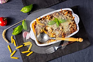 A noodle , minced meat casserole with cheese