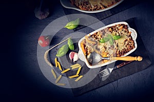 A noodle , minced meat casserole with cheese