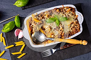 A noodle , minced meat casserole with cheese