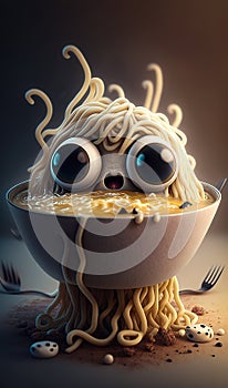 Noodle monster with enormous eyes. Grey plate with spaghetti creature appearing on top. Close up. Generative AI