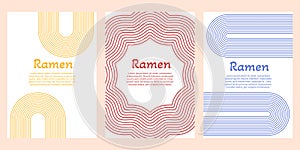 Noodle ramen yellow, red and blue texture poster template. Collection with pasta wavy background. Italian spaghetti