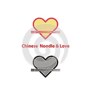 Noodle restaurant and food with heart shape logo vector design.