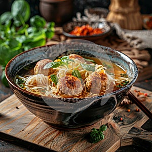 Noodle Soup Arishta with Chicken Meatballs, Clear Sturdy Seasoned Broth with Turkey Meat Balls