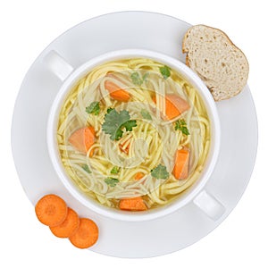 Noodle soup in bowl with noodles isolated from above