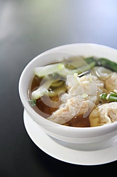 Noodle and wonton on a bowl