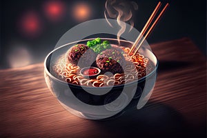 Noodles in bowl with chopsticks on wooden table. 3d illustration