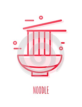 Noodles with chopsticks in color line style. Vector