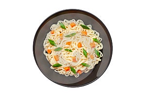 Noodles instant cooked with vegetables carrot and green onion dark bowl, top view isolated on white background with clipping path