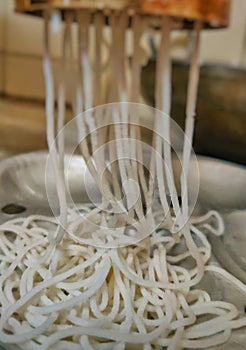 Noodles in the making .noodle machine or maker